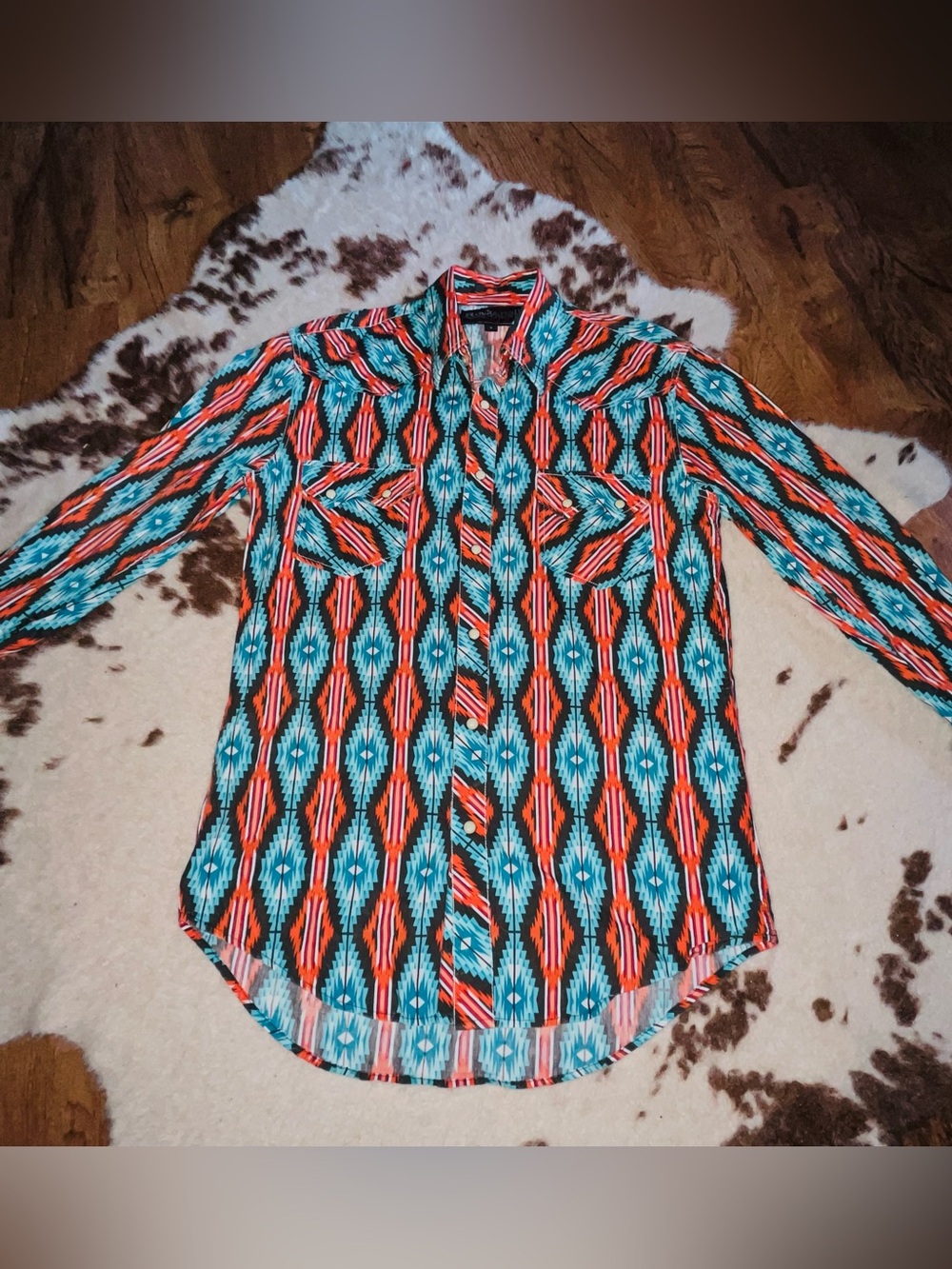 Men's Long-Sleeve, Snap down western/rodeo Shirt in Teal and Orange